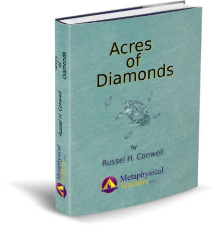 "Acres of Diamonds book cover by Russell H. Conwell, featuring a teal design with diamond image and Metaphysical Teachers logo."