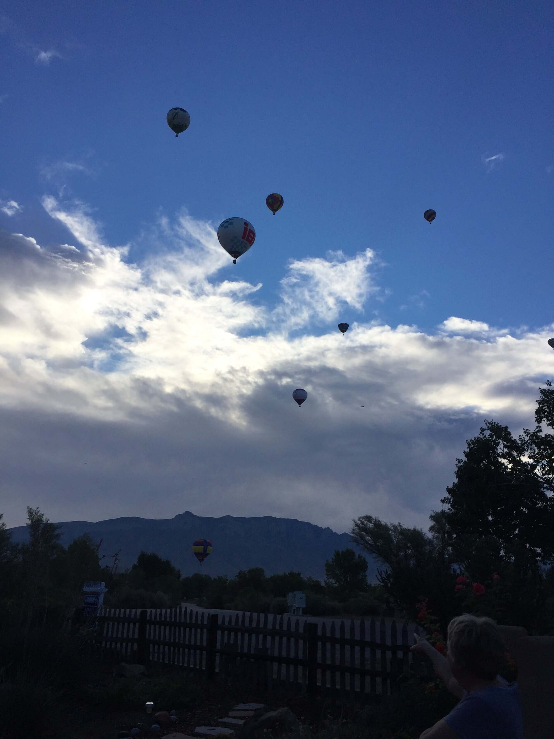 Hot air balloons floating against a vibrant blue sky with scattered clouds and distant mountains.