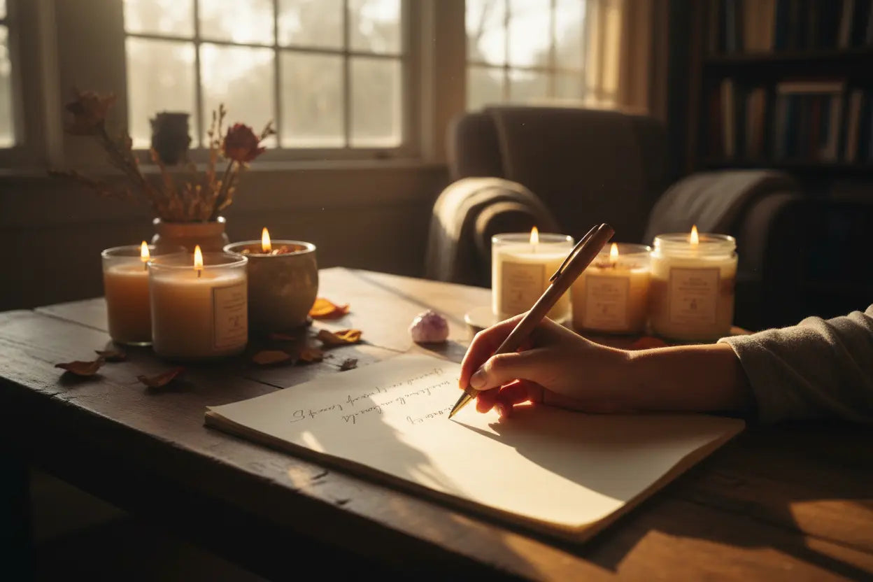 Person writing affirmations in morning sunlight with candles, inspired by Wallace Wattles' teachings