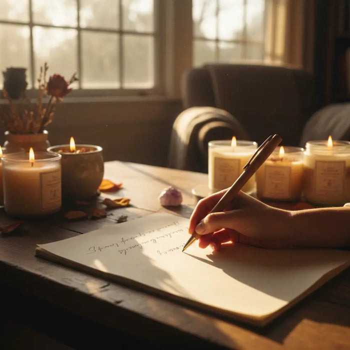 Person writing affirmations in morning sunlight with candles, inspired by Wallace Wattles' teachings