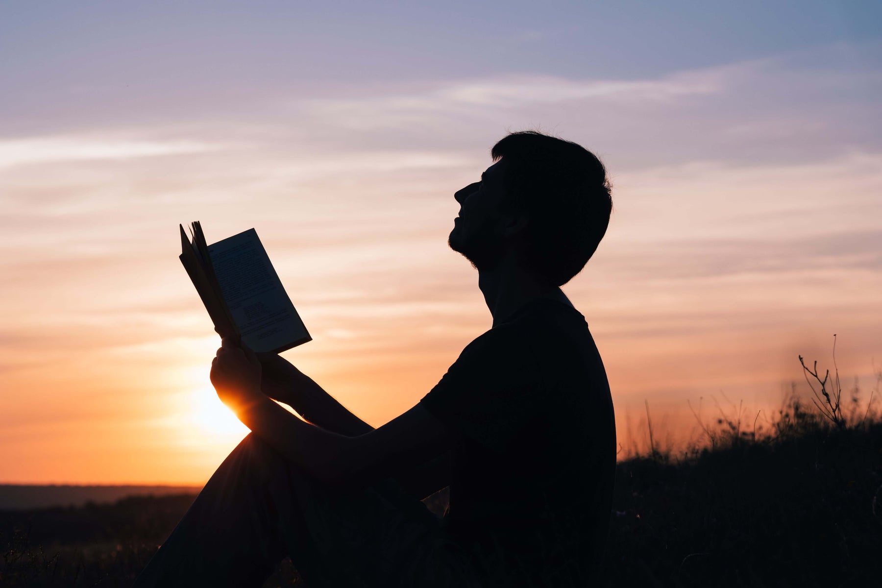 Person reading a book at sunset in a tranquil landscape.