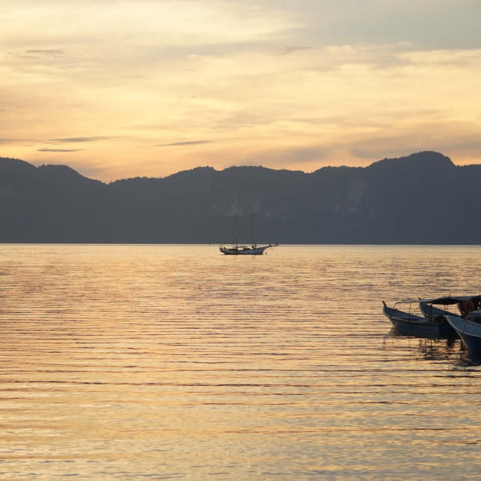 Serene coastal Mexican village at sunset with boats on calm water, reflecting the parable of the Mexican fisherman and the businessman.